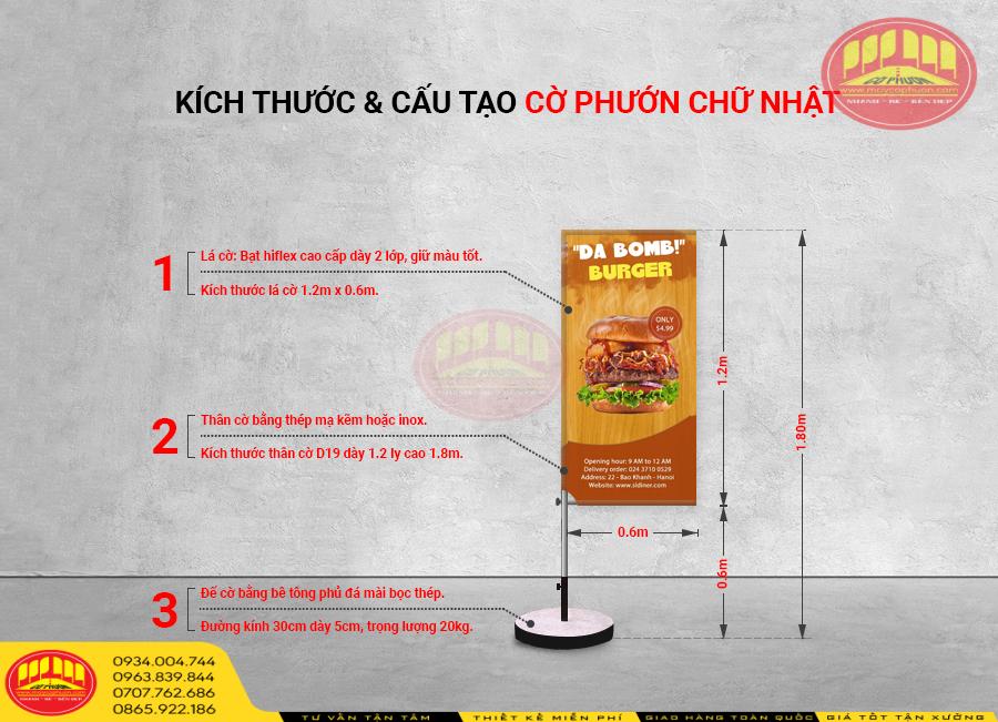 Chi phí của cờ phướn chữ nhật thân sắt đế bê tông thức ăn nhanh Tasty Burger tại xưởng May Cờ Phướn.